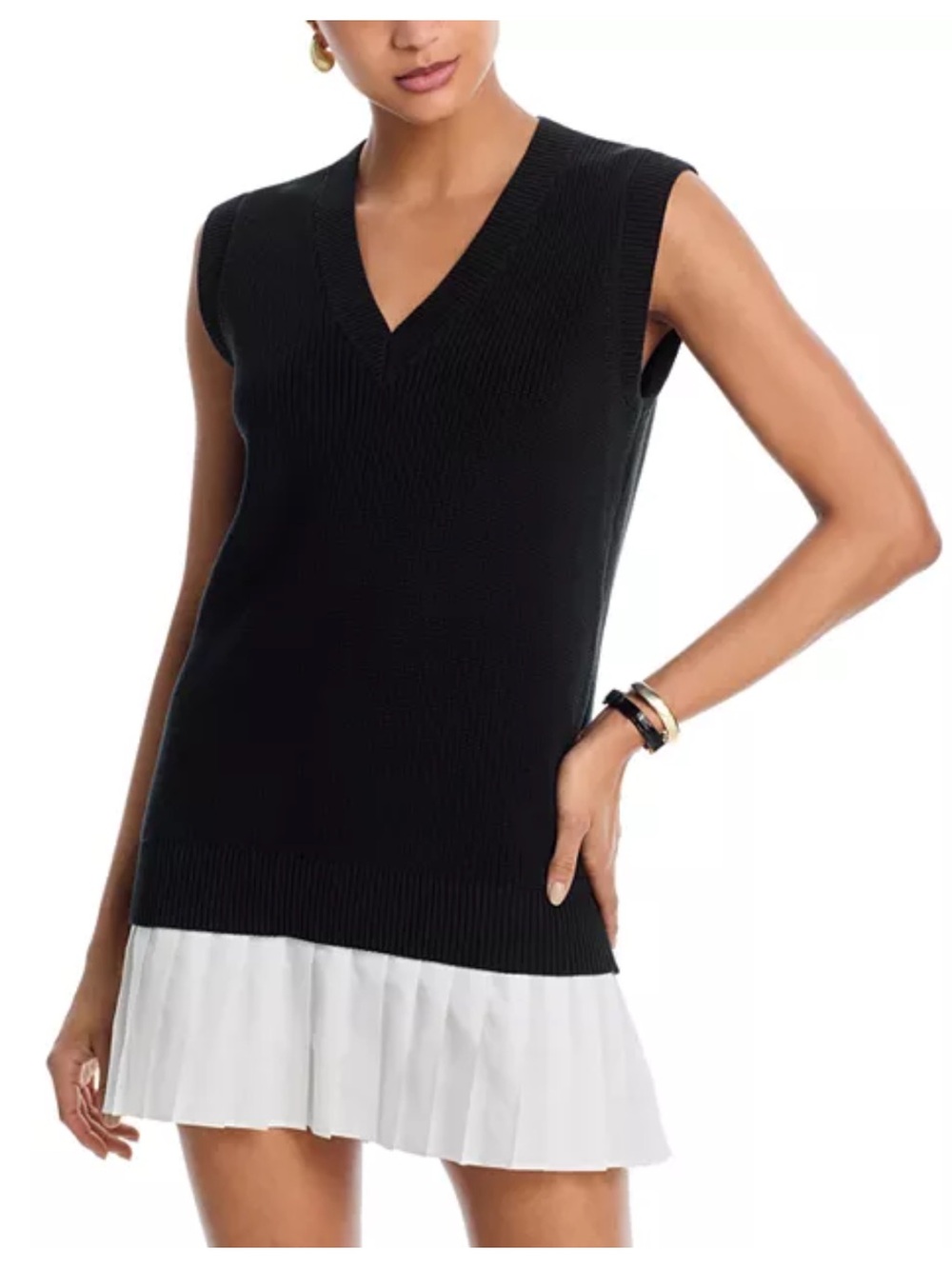 cinq a sept Black Sleeveless V-Neck Knit Top with White Pleated Hem